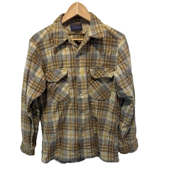 Vintage Pendleton Wool Board Flannel brown Plaid Flap Pockets. Unique Sz m - Picture 1 of 10